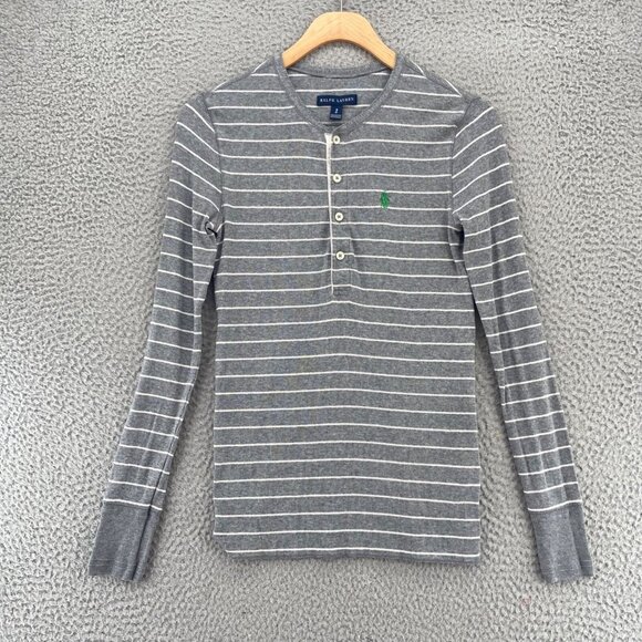 Ralph Lauren Top Womens Small Gray Striped 1/4 Button Long Sleeve Knit Stretch - Picture 1 of 11